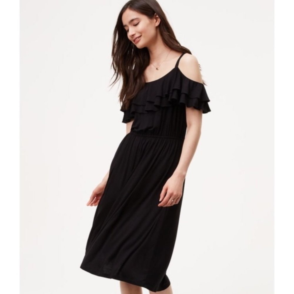 NWT LOFT ruffle cold shoulder black midi dress